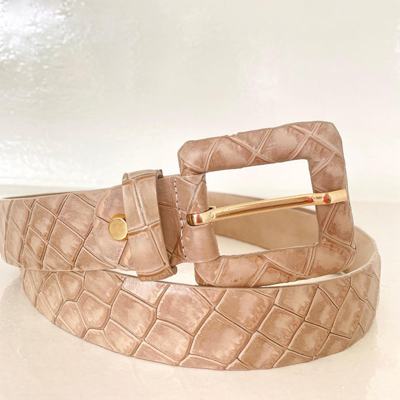 Croc Effect Taupe 100% Leather belt ~ Rectangular buckle