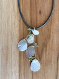 Hematite Necklace with 5 drop leaves Pendant - Peridot