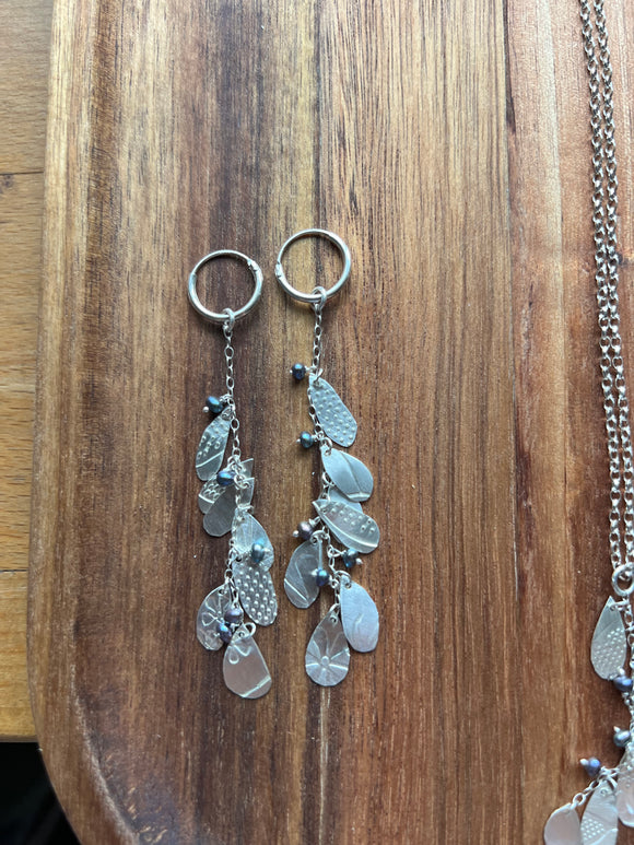 Handmade Leaf Drop Hoop Earrings - Fresh Water Peacock Pearl