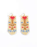 Beaded Handwoven Vintage Flower Fringe Earrings (Cream/Red)