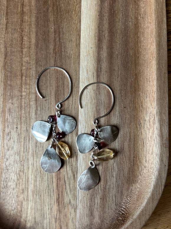 Handmade 3 Leaf Hoop Earrings - Citrine & Garnet