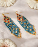 Beaded Handwoven Sari Fringe Earrings (Blue)