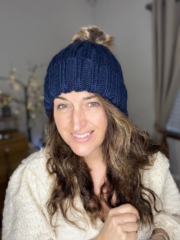 Chunky Faux Fur Pom Pom Beanie ~ Navy