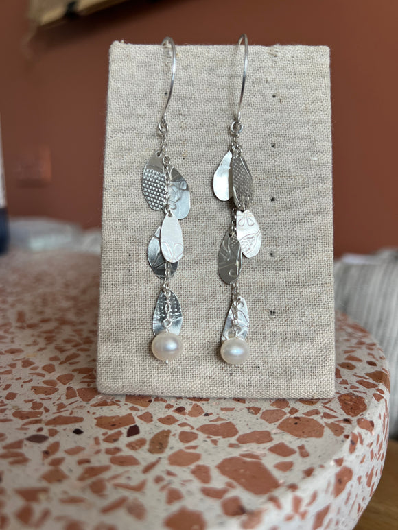 Handmade 5 Leaf Hoop Earrings - Fresh Water Pearl
