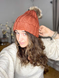 Chunky Faux Fur Pom Pom Beanie ~ Rust