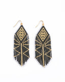Beaded Handwoven Tribal Diamond Fringe Earrings (Black/Gold)