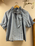 Elsie Tie Collar Top ~ Blue Stripe