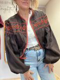 Rocio Embroidered Linen Jacket ~ Espresso & Terracotta