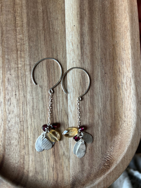 Handmade 3 Leaf Drop Hoops Earrings - Citrine & Garnet