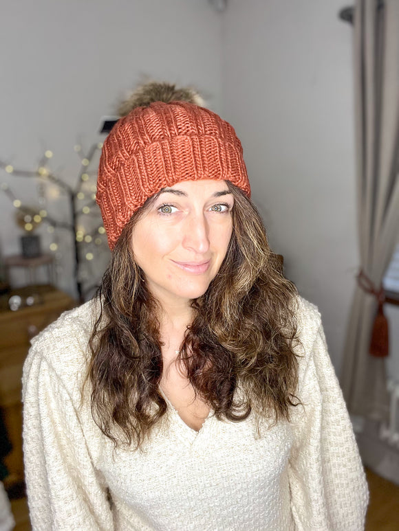 Chunky Faux Fur Pom Pom Beanie ~ Rust