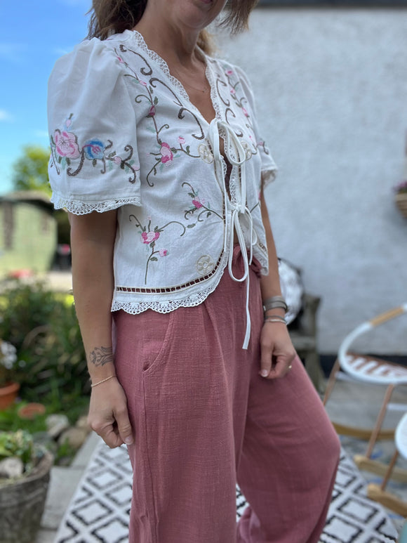 Boho Embroidered Tie front Blouse