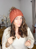 Chunky Faux Fur Pom Pom Beanie ~ Rust