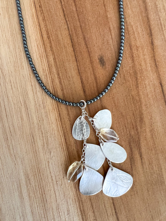 Hematite Necklace with 6 drop leaves Pendant - Citrine