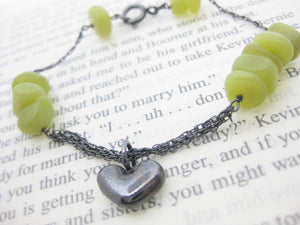 Handmade Chunky Heart Fine Chain Jade Bracelet - Oxidised