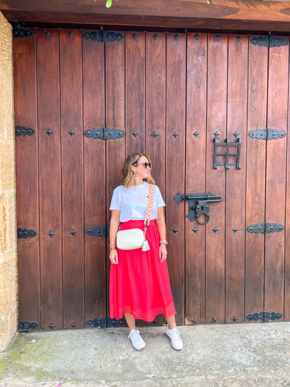 Saint Tropez Coral Midi Skirt ~ Hibiscus – Everyday Style Story