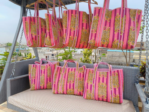 Handmade Quilted Summer Tote Bag ~ Pink Tiger