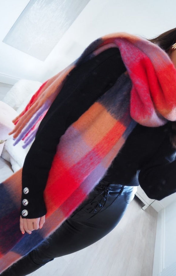 Lennie Check Blanket Scarf ~ Red Mix